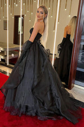 Black Prom Dress Corset Beaded Long Evening Dress with Ruffles